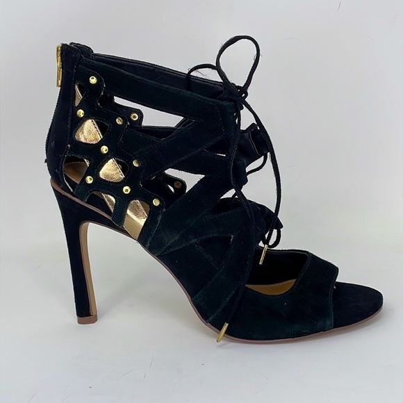 Dolce Vita Shoes Pumps Strappy Caged Heels Black Gold Studs Lace Up Suede Size 9 - Picture 1 of 12